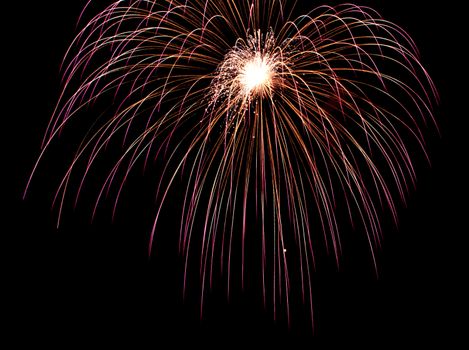 Exposure of multiple fireworks with a black sky.