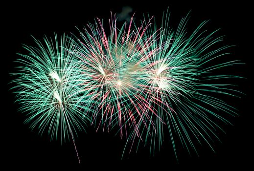 Exposure of multiple fireworks with a black sky.