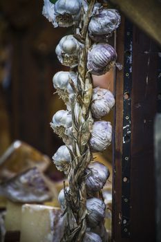 lot of garlic in a medieval fair, kitchen condiments