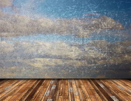 abstract view of distressed beautiful  sky from vintage wooden  terrace, nature backdrop