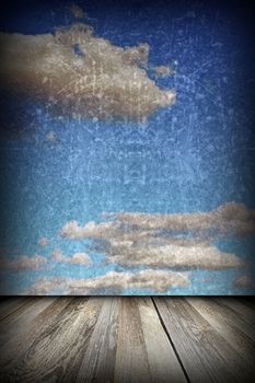 abstract view to grungy distressed  sky from wooden  terrace