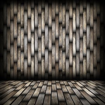 dark wood planks finishing on interior backdrop, architectural room background for your design with wooden floor and wall