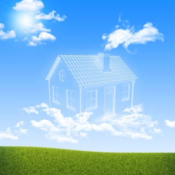 House of clouds in the sky over green grass. Dreams concept