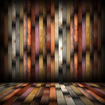 interior abstract planks backdrop, collection of different wood boards on floor and wall