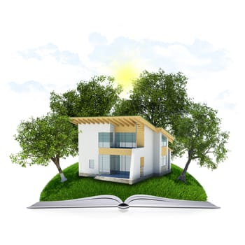On the pages of an open book is grass, trees and house. White background
