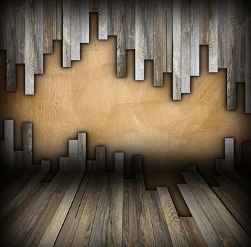 interior room backdrop with wood on wall and floor, abstract montage