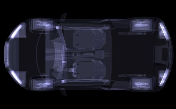 Concept car. X-ray render isolated on black background