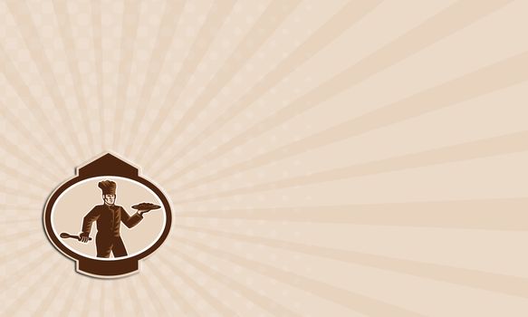 Business card illustration of a chef, cook or baker holding serving plate platter of food and spoon spatula set inside oval on isolated background done in retro woodcut style.