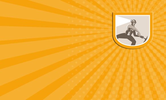 Business card illustration of a coal miner wearing hardhat with pick axe facing front set inside oval done in retro style.