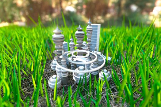 futuristic town on the green grass close up view concept ecology background