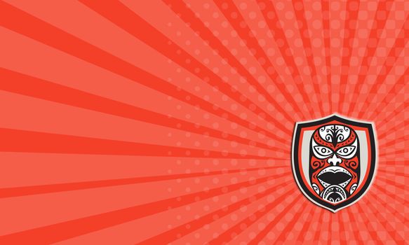 Business card illustration of a traditional maori mask facing front set inside shield done in retro style on isolated background.