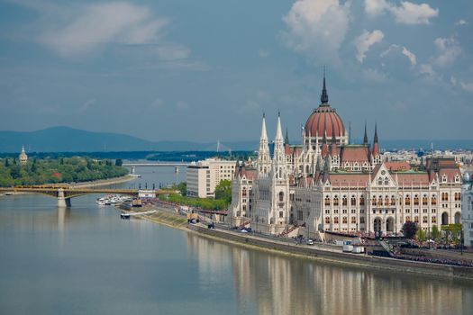 City panorama of Budapest with the Parlament building