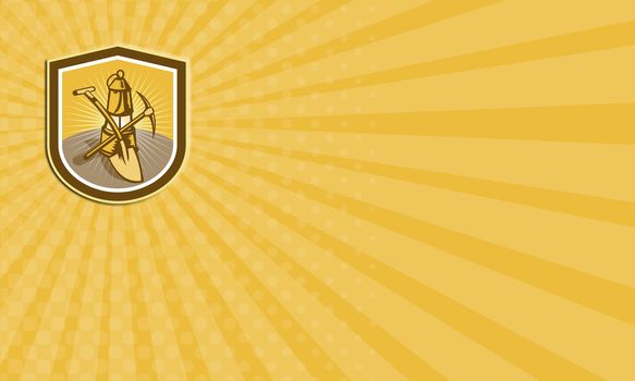 Business card illustration of a coal miner pick axe and shovel crossed with lamp set inside shield crest shape done in retro woodcut style.
