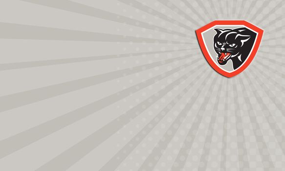 Business card illustration of panther black cat head facing front growling set inside shield crest on isolated white background done in retro style.