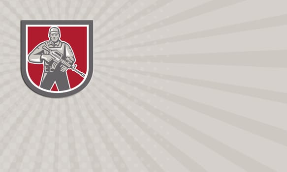 Business card illustration of a soldier serviceman with assault rifle facing front set inside shield crest shape on isolated white background done in retro style.