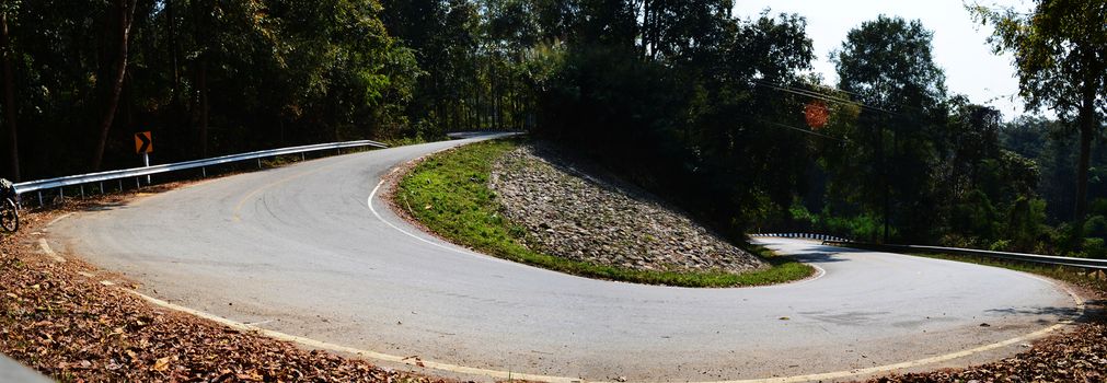 Bicycle on Slope Upill Country Road, Panorama Landscape.Meahongson province,Thailand.