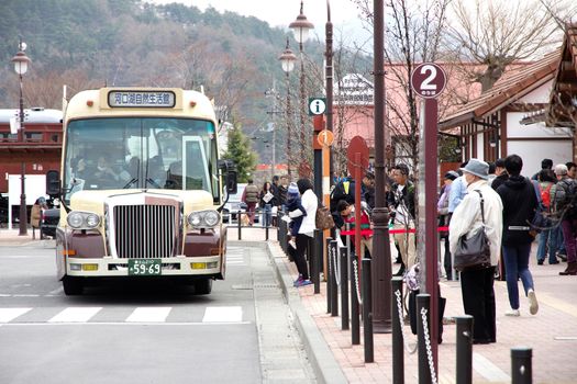 Yamanashi, Japan - April 12, 2014 Kawaguchiko station all of transport for tourists to travel around Lake Kawaguchiko and mt Fuji