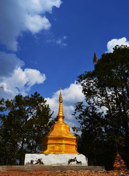 Gloden Phra That on Hill above Village Series 1_3, Buddha Image, Cloud and Blue Sky, Chiang Mai province, Thailand