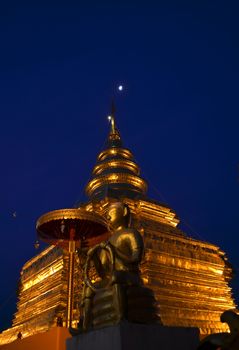 Phra That Sri Jom Thong  Before Sunrise, Series 1_9, Golden Pagoda on Spot Light under Moon, Chiang Mai province, Thailand