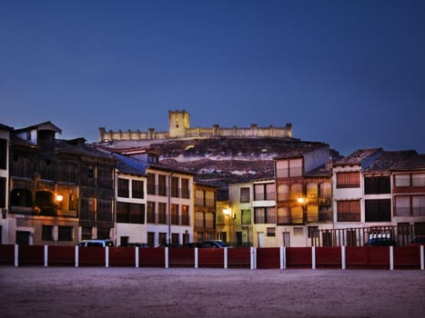 Plaza del Coso and Pe��afiel castle at night. Valladolid Spain.