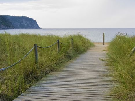 Wood path to the beach access. Asturias, Spain.