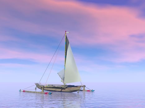 Single trimaran boat floating on the water by pink sunset