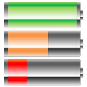 Three colors battery level in white background