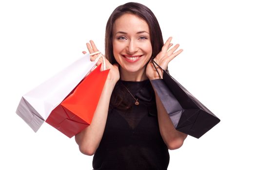 Shopping sale woman with bags isolated on white