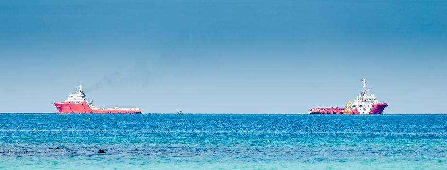 Two red cargo ship on the sea