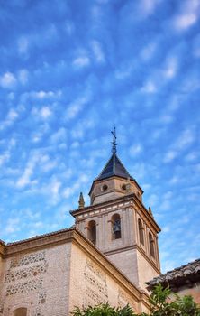 Santa Maria Church Alhambra Granada Andalusia Spain. Alhambra is the last Moorish Moslem Palace that was conquered by King Ferdinand and Queen Isabella in 1492.