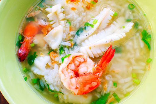 Thai congee with shrimp and squid for breakfast 