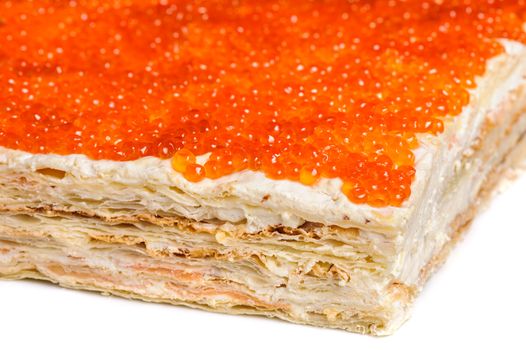 closeup of layered pie made with red caviar