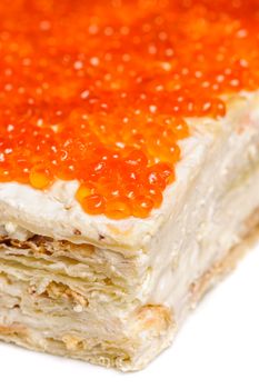 closeup of layered pie made with red caviar