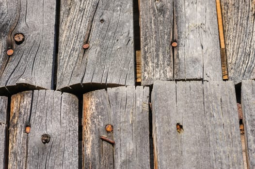 aged weathered wooden wall with rusty nails, selective focus