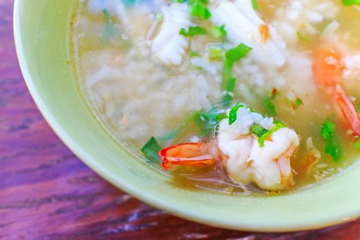 Thai congee with shrimp and squid for breakfast.