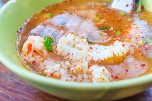 Thai congee with shrimp and squid for breakfast.