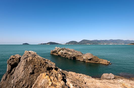 Panorama of the Gulf of La Spezia (The Gulf of Poets) Liguria Italy, in the background Portovenere, Palmaria Island and Tino