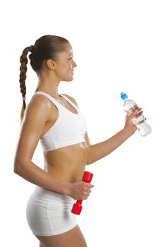 image of a young attractive sporty woman with red dumbbells and water bottle