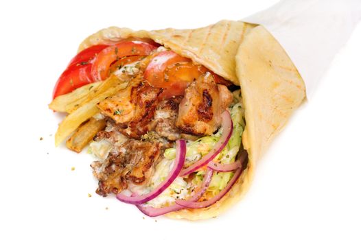 greek gyros stuffed with meat, salad, onion, tomato and potato