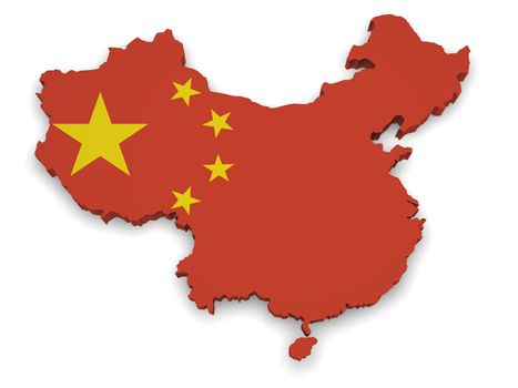 Shape 3d of China map with flag isolated on white background.