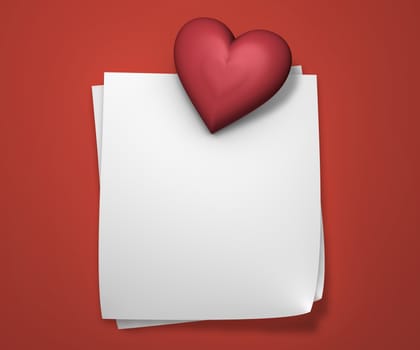 Love, passion and Valentine day concept. Heart shape and a blank white post-it with empty copy space for messages, notes and text on red background.