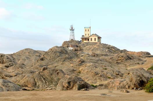 The old and the new lighthouses on Shark Island at the seaside town of Luderitz in Namibia. 
