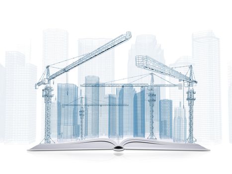 On the pages of an open book is wire frame tower crane and skyscrapers. White background