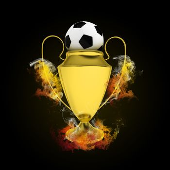 Soccer Cup and ball in colored smoke. Sport concept