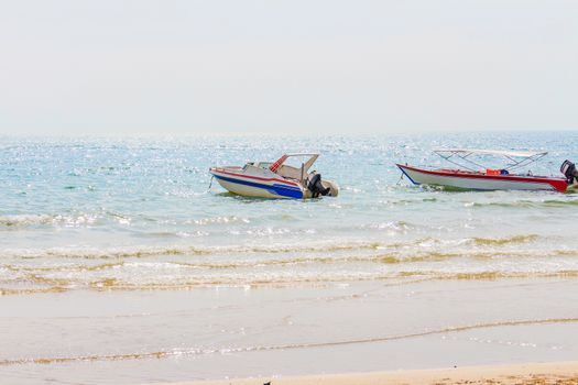 Speed boat in the landscape of sea.