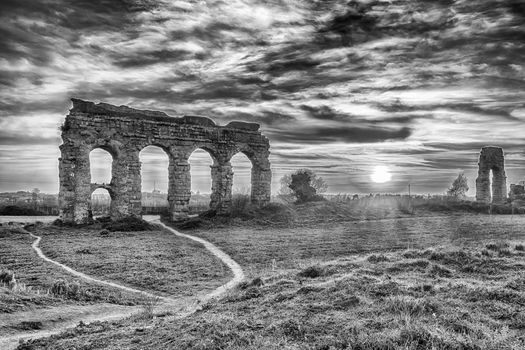 Ruins of Ancient Roman Aqueducts at Sunset, Rome