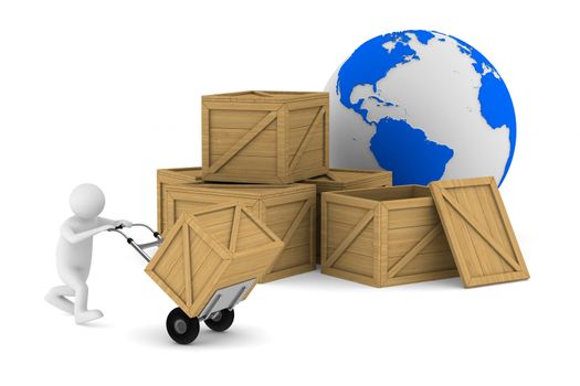 man and wooden box. Isolated 3D image