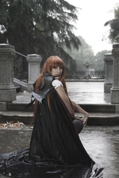 Vampire, Dark beauty under rain, red hair woman with long black coat