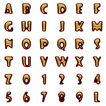 red velvet alphabet with gold on white background