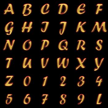 golden alphabet with red wood on black